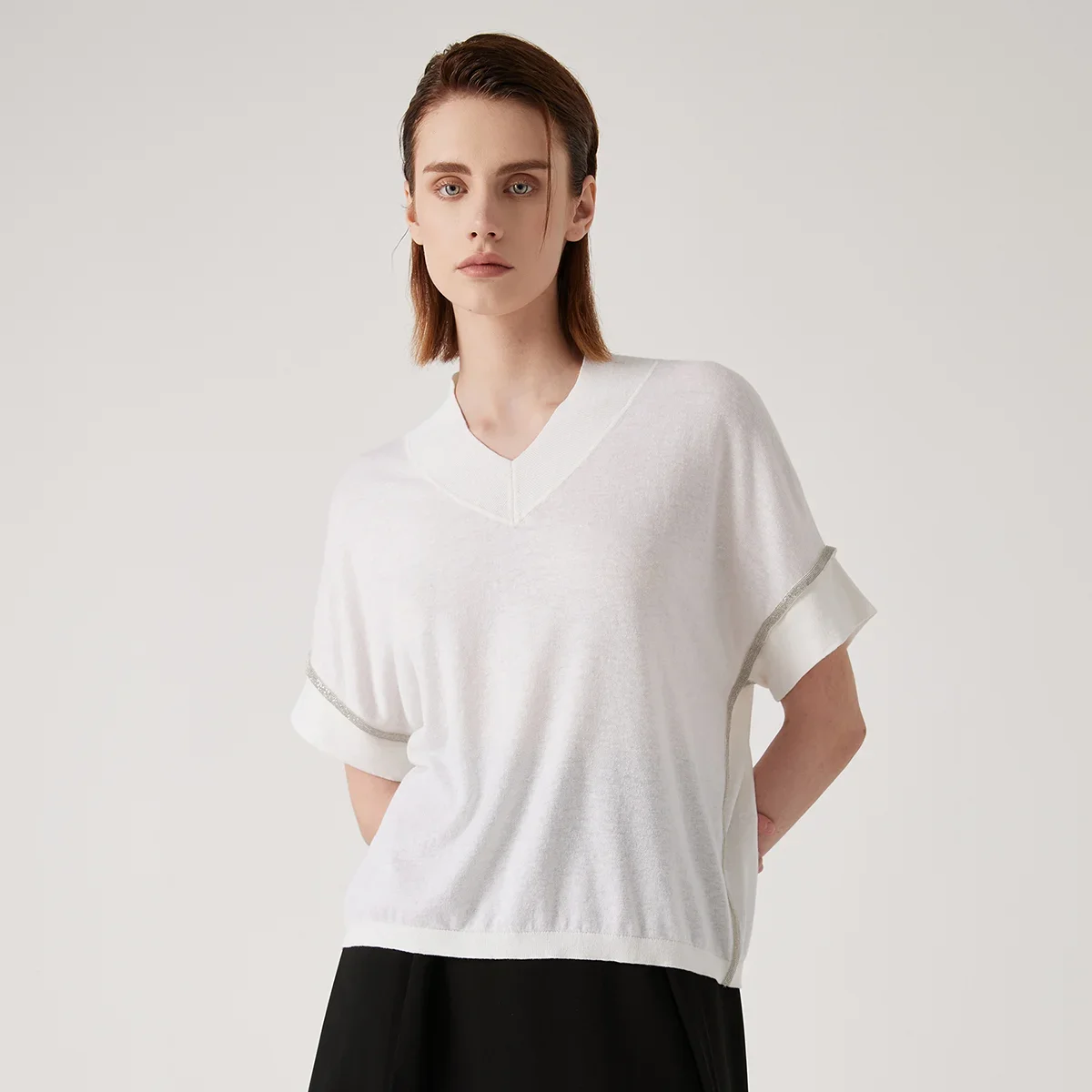 Pop BY4511177 Boutique marca de lujo ropa de mujer verano lentejuelas cuello en V Jersey de punto suéteres de seda de lino