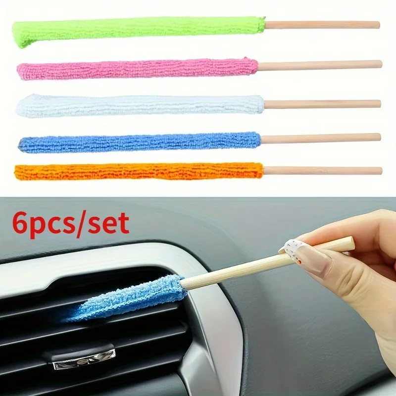 6Pcs Random Color Microfiber Car Detail Cleaning Brush with Long Handle Perfect for Air Conditioner Blinds and Narrow Spaces