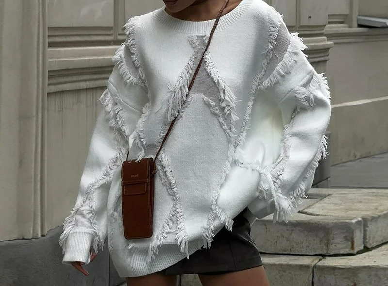 Damski sweter retro na jesień i zimę 2025, nowy, z diamentowymi frędzlami, casualowy, uniwersalny, ażurowy, luźny, do pracy.