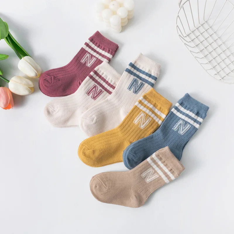 3Pairs Children Knit Soft Cotton Letter Socks Kids Long Knee High Socks Infant Toddler Baby Boys Girls Cute Stripe Socks