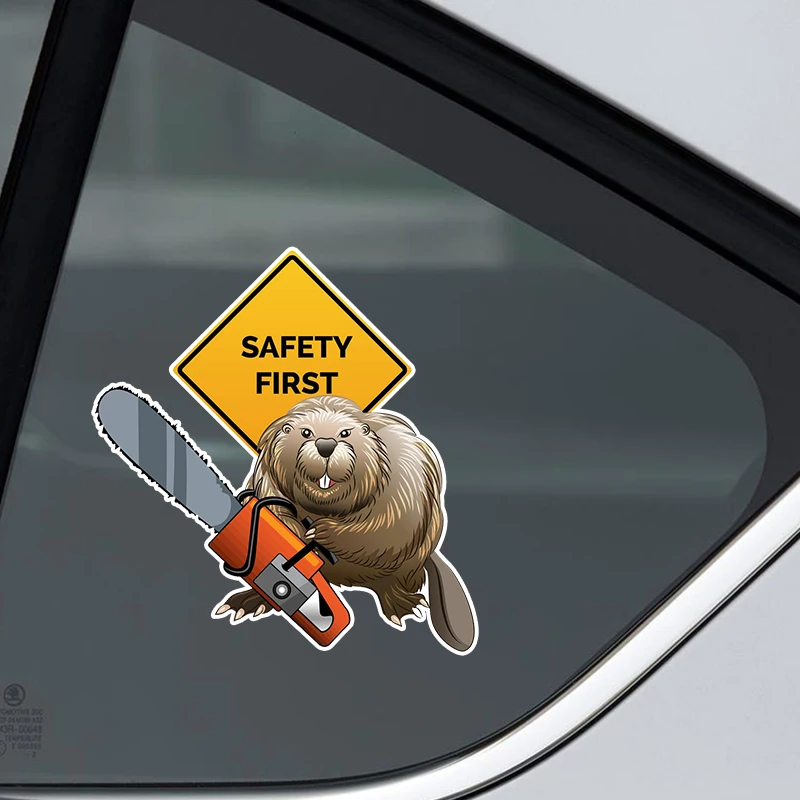 Funny Warning Car Sticker Safety First Beaver with Chainsaw Vinyl Decal Fashion Bumper Stickers