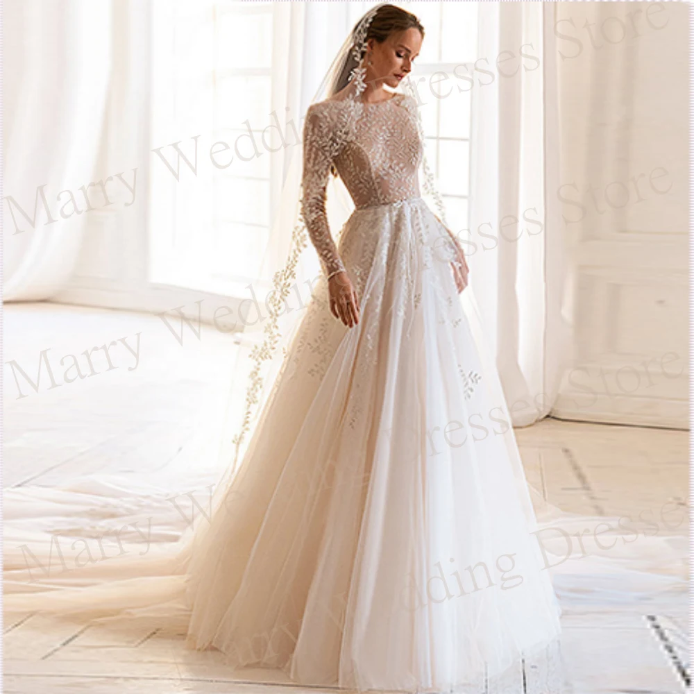 

Classic Pretty A Line Women's Wedding Dresses Vintage Lace Appliques Long Sleeve Bride Gowns Backless Charming Robe De Mariée