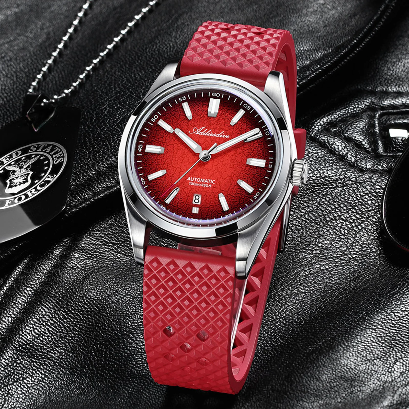 ADDIESDIVE NEW Gradient Blue/Red/Grey Automatic Mechanical Watches 100m Waterproof Bubble Mirror Glass Dress Men's Watch AD2531