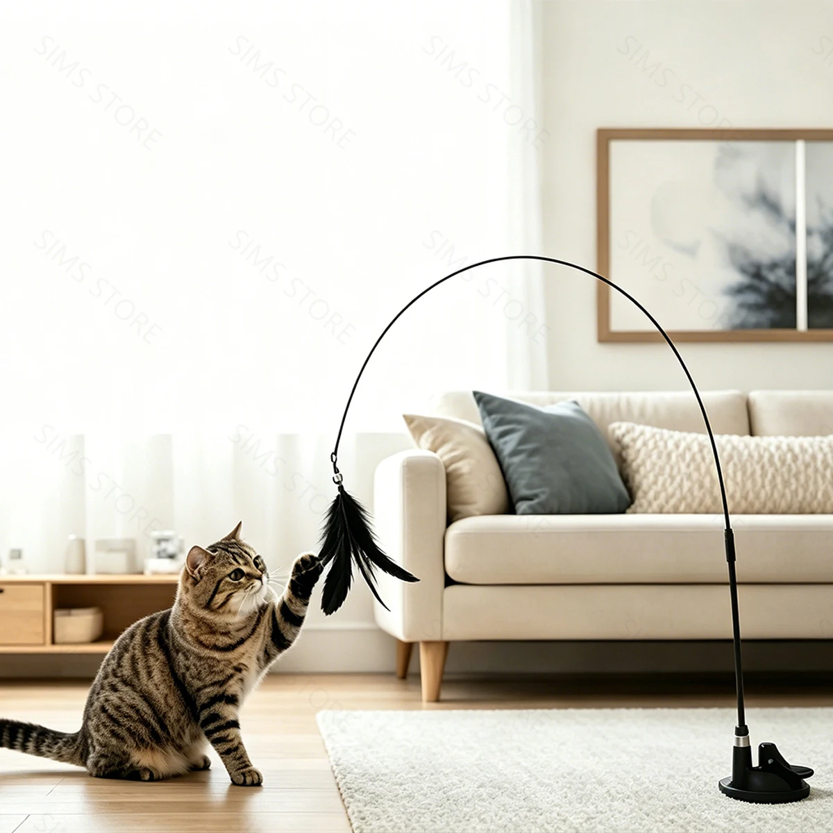 Saugnapf-Katzenspielstab Interaktives Selbstspielzeug mit Glocke, austauschbarem Kopf, bissfest, interaktives Katzenspielzeug für Kätzchen im Innenbereich
