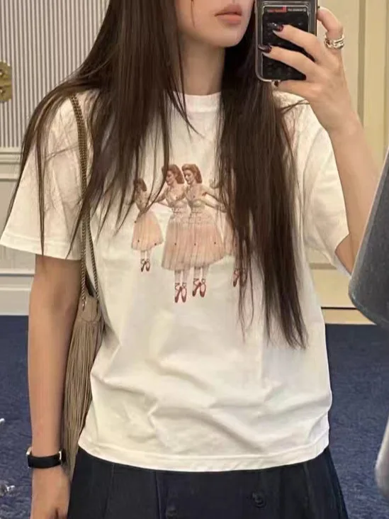 fletta2026-spring-new-dongdaemun-loose-round-neck-ballet-girl-print-short-sleeve-t-korean-style-breathable-sweat-absorbent-co