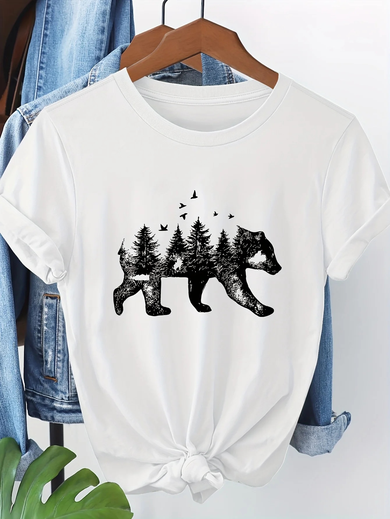 Women's Black Bear Graphic T-Shirt Full Tee with Bear Pine Tree and Bird Everyday Casual Breathable Casual Comfort Crew Neck Y2K