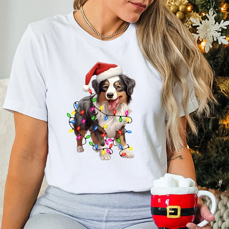 Festive Woman T-shirts Dog Owner Christmas Gift Short Sleeve T-shirt Trendy Girls Clothing Kawaii Cartoon Santa Dog Classic Tops image 3