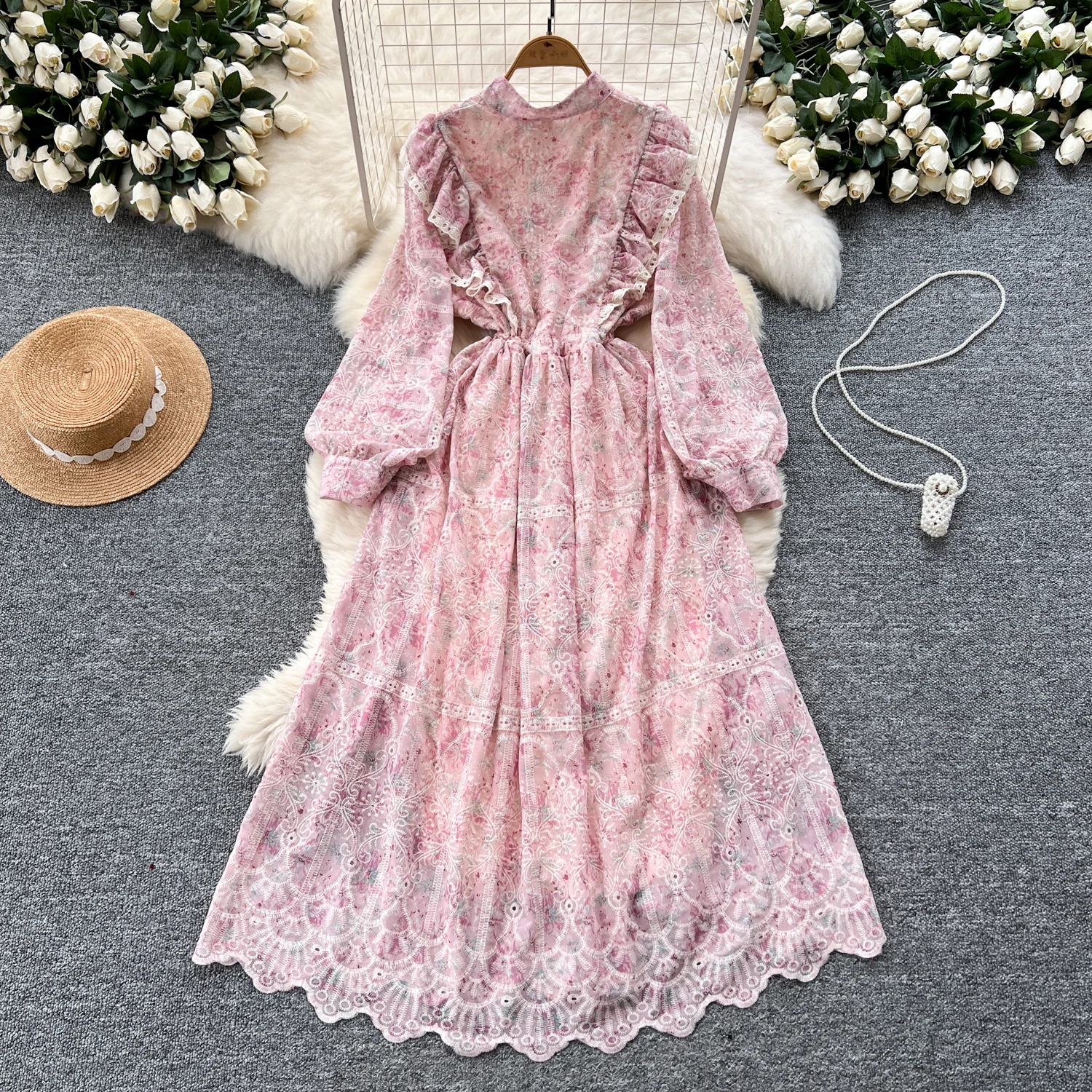 Elegant Long Sleeves Vintage O-neck Hollow Out Embroidered Slim Long Dresses French Evening High Street Autumn Winter Clothing