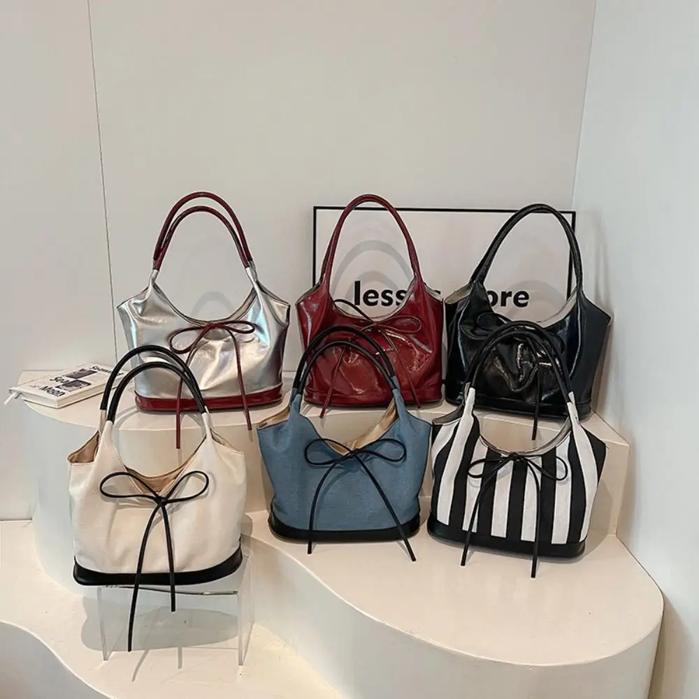 

Fashion Korean Style Canvas Tote Bag Underarm Bag Pu Leather Cloth Bow Shoulder Bag Pure Color Bucket Bag Women