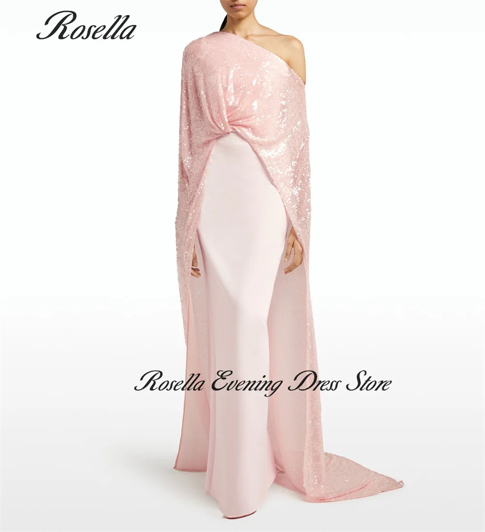 ROSELLA Light Pink One Shoulder Prom Dress Sequins Shawl Evening Gowns Mermaid Robes De Bal Vestidos Arab New 2024