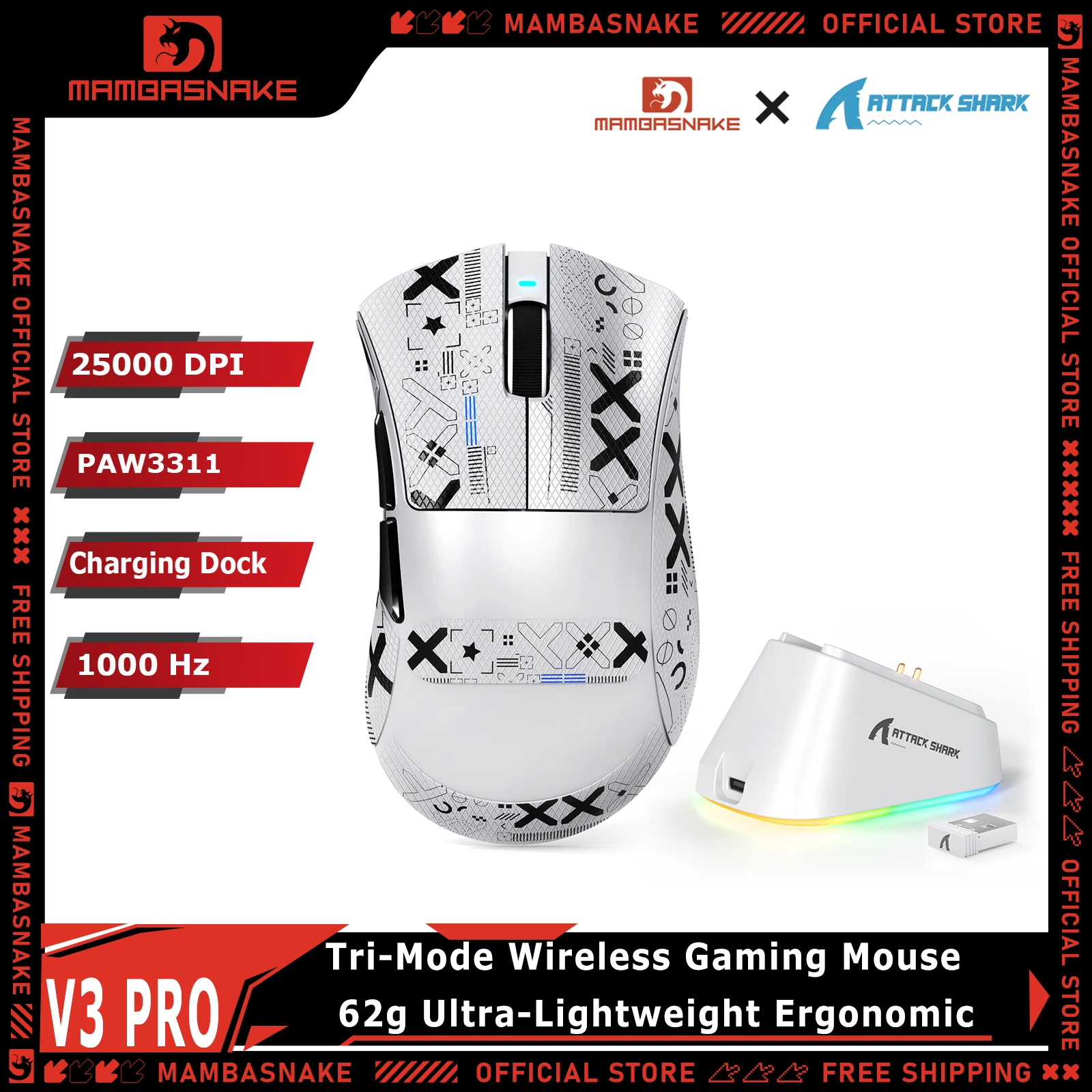ATTACK SHARK V3PRO Tri-Mode Wireless Gaming Mouse 25000DPI PAW3311 RGB Charging Dock 62g Lightweight Ergonomic For PC MAC