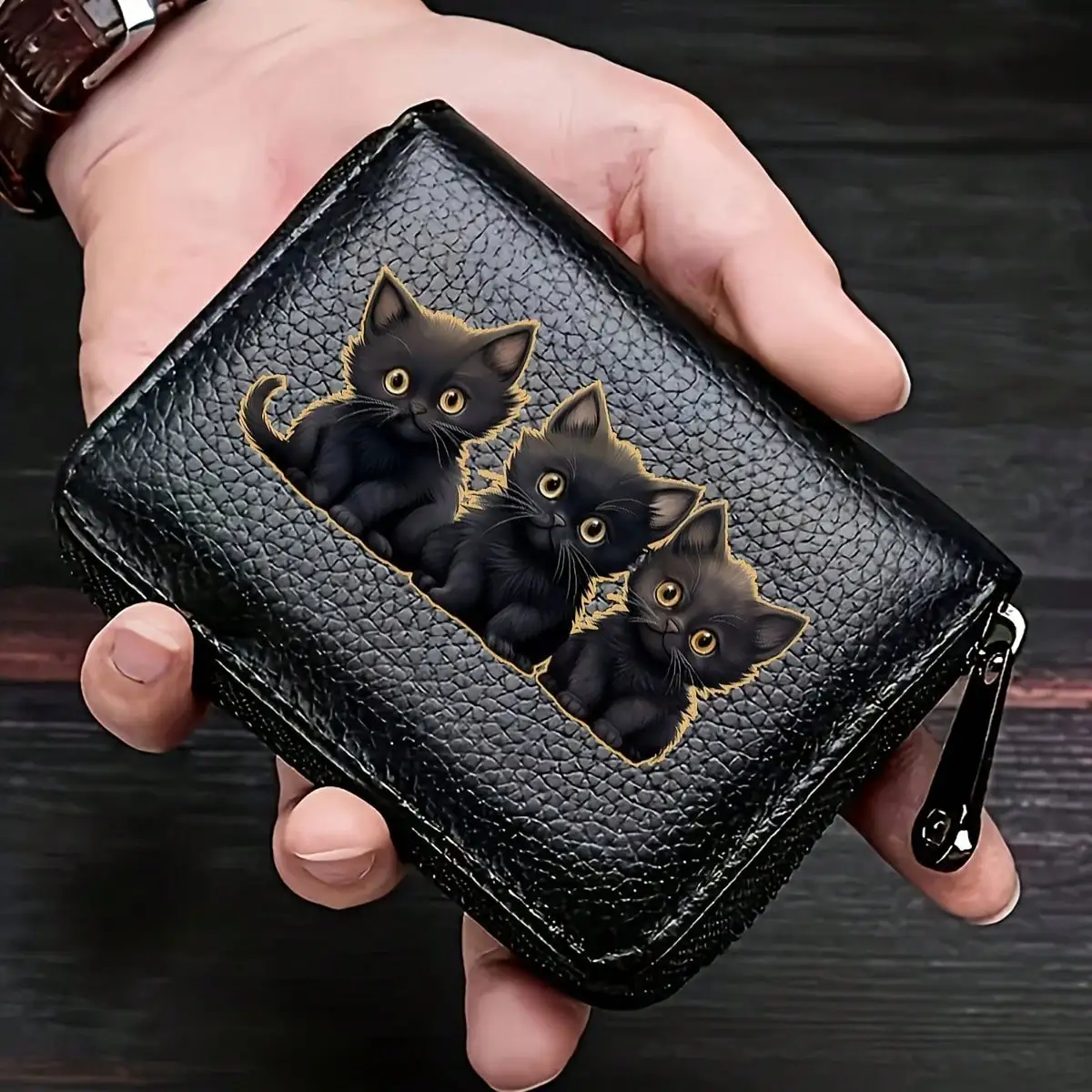 

9-Card Slots Women's PU Card Holder With Black Cat, Crow, Dog, 4 Cats Pattern, Anti-Demagnetization Zipper Coin Purse, Accordion