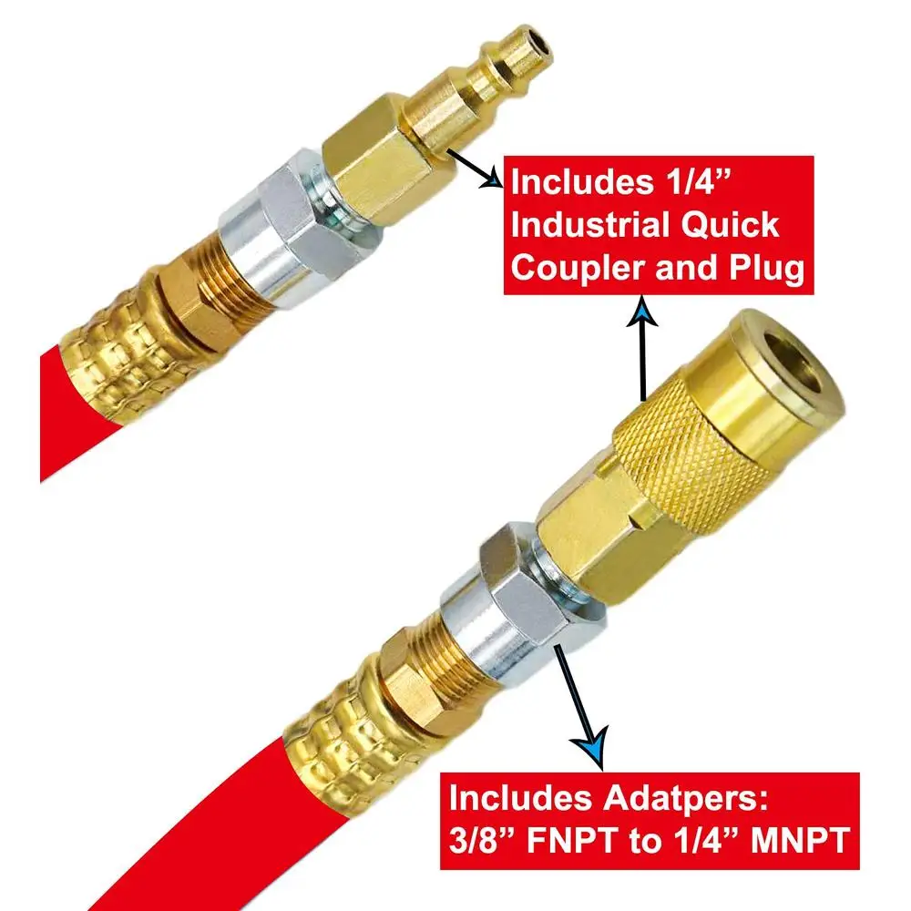 25 Fuß 300 PSI Hybrid-Luftschlauch, 1/2 Zoll, robust, knickbeständig, kein Speicher, Flexibilität, Messingbeschläge, 1/4 Zoll Adapter, Allwetter