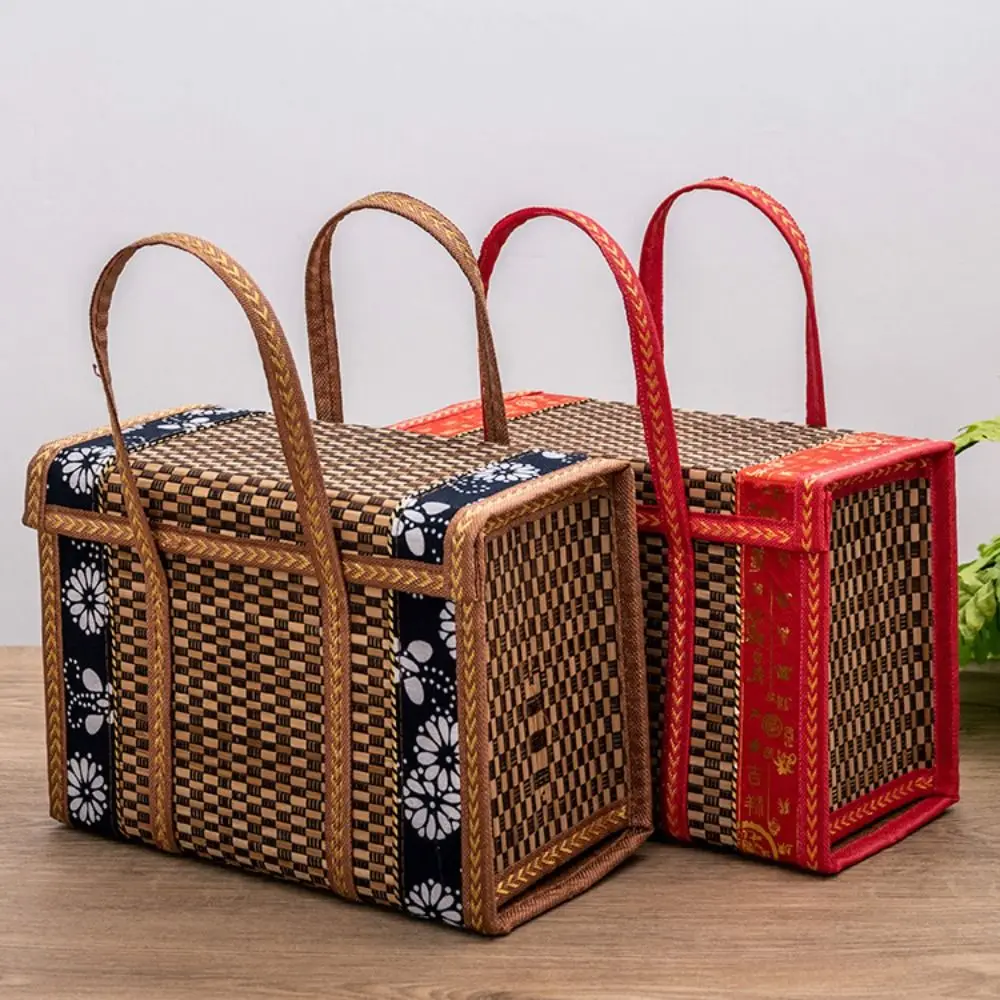 

Bamboo Bamboo Picnic Basket Rectangular Large Capacity Hand-Woven Basket with Lid Foldable Handheld Woven Basket Moon Cake