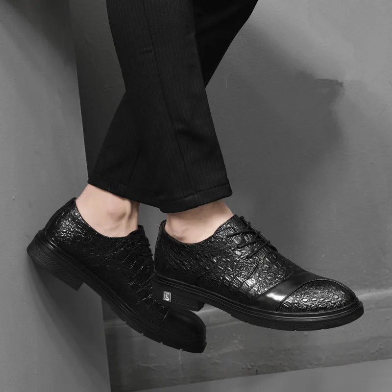 Men’s Lace-up Casual Leather Shoes Brand Comfort Slip on Formal Business Loafers Men Crocodile Pattern Black Male Driving Shoes