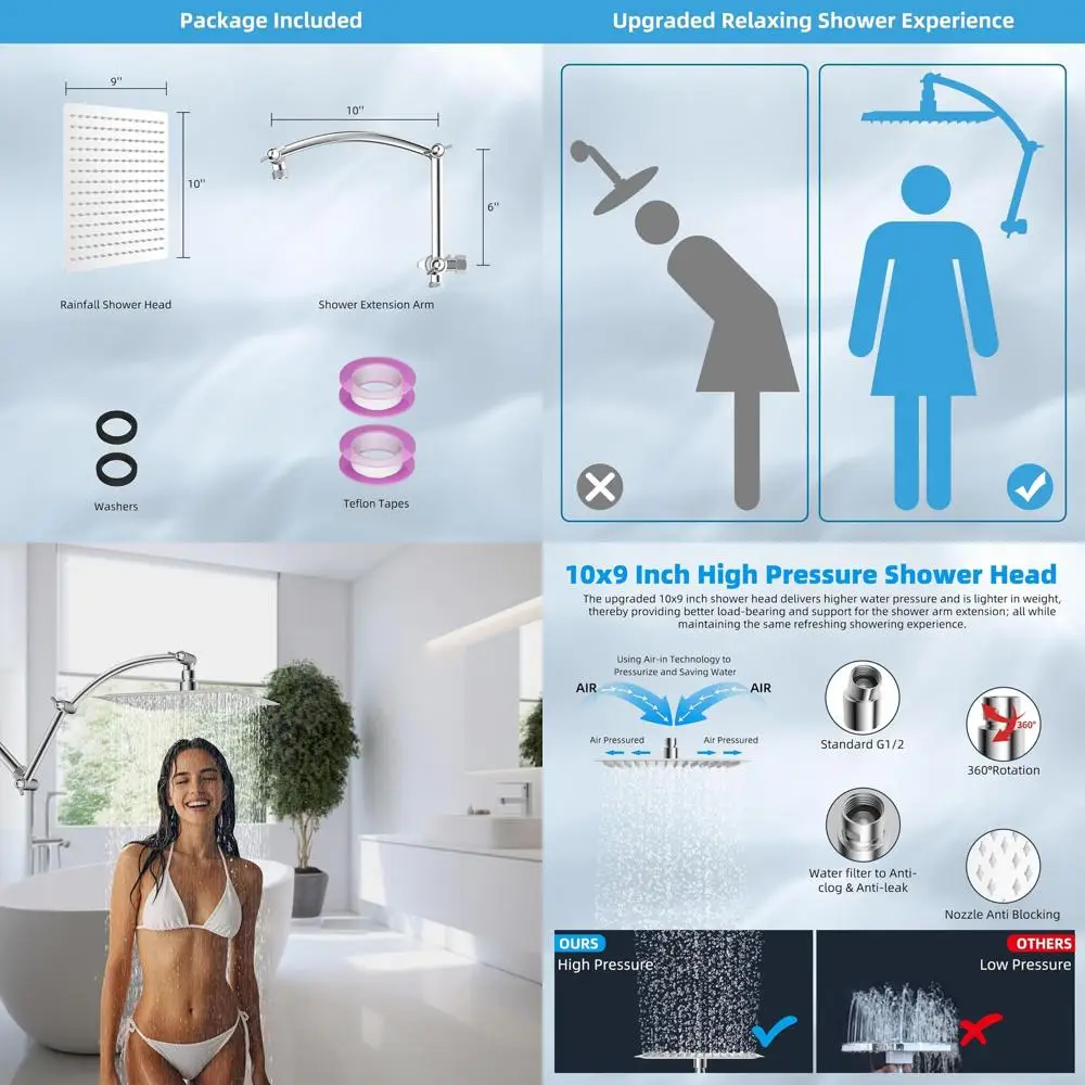 

10 High-Pressure Square Shower Head with 16 Extension Arm, Solid Brass, Waterfall Chrome Finish