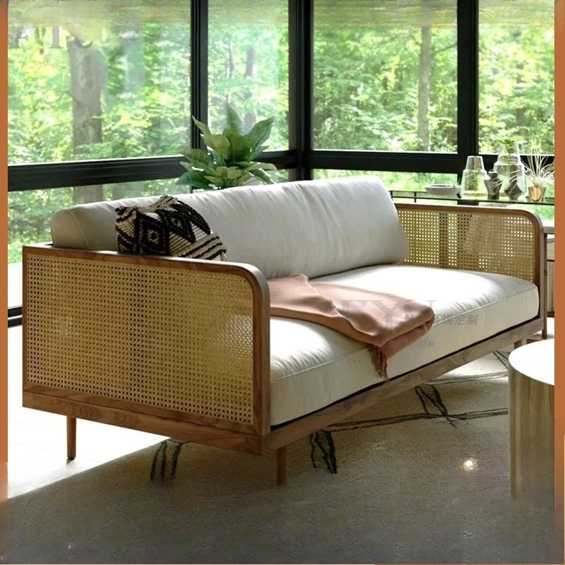 Sofa, double triple bed and breakfast hotel interior decoration Japanese rattan chair solid wood sofa