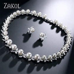 ZAKOL Exquisite Imitation Pearl CZ Wedding Jewelry Set for Women Charming Luxury Sliver Color Zirconia Party Jewelry Gift