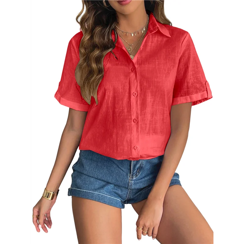 【SEE】 Camicia da donna con bottoni in cotone Camicia a maniche corte con orlo arrotolato Top estivo da donna in cotone da spiaggia casual con scollo a V