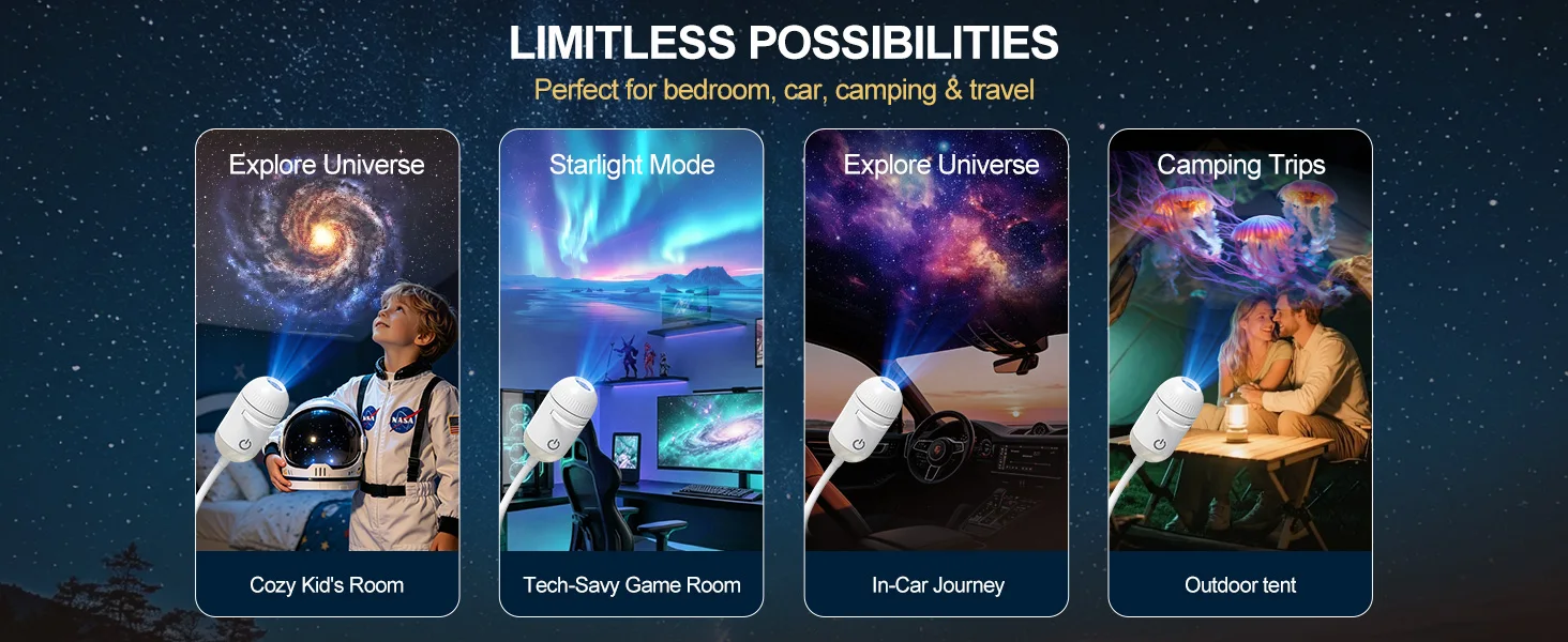 2 in 1 USB Galaxy Projector Light Adjustable Focus Car Interior Ambient Lamp Home Room Starry Star Kids Projection Night Light