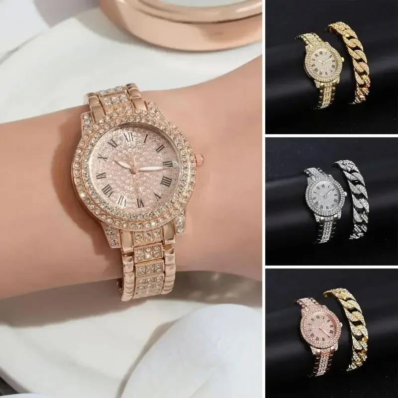 

2Pcs/Set Women Watch Bracelet Rhinestones Steel Round Dial Quartz Movement Roman Numerals Decorate Jewelry Ladies Watch No Box