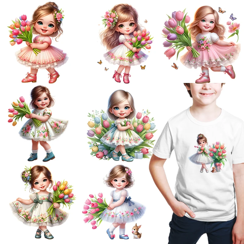 A cute and beautiful little tulip girl Iron On Patch Heat Transfer On Clothes DTF Iron on transfer Heat Transfer On Clothes