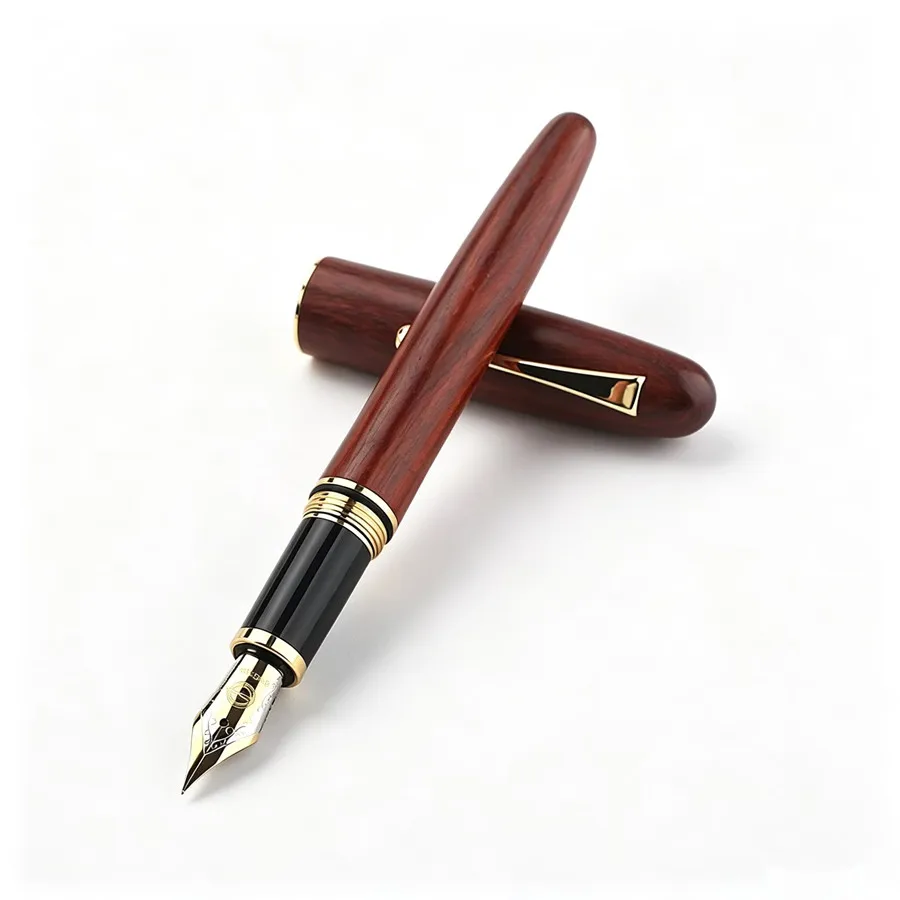 Hand Polished Solid Wood Fountain Pen Smooth Writing Gold Plated Nib Portable Denim Pen Pouch Business Office Writing Pen
