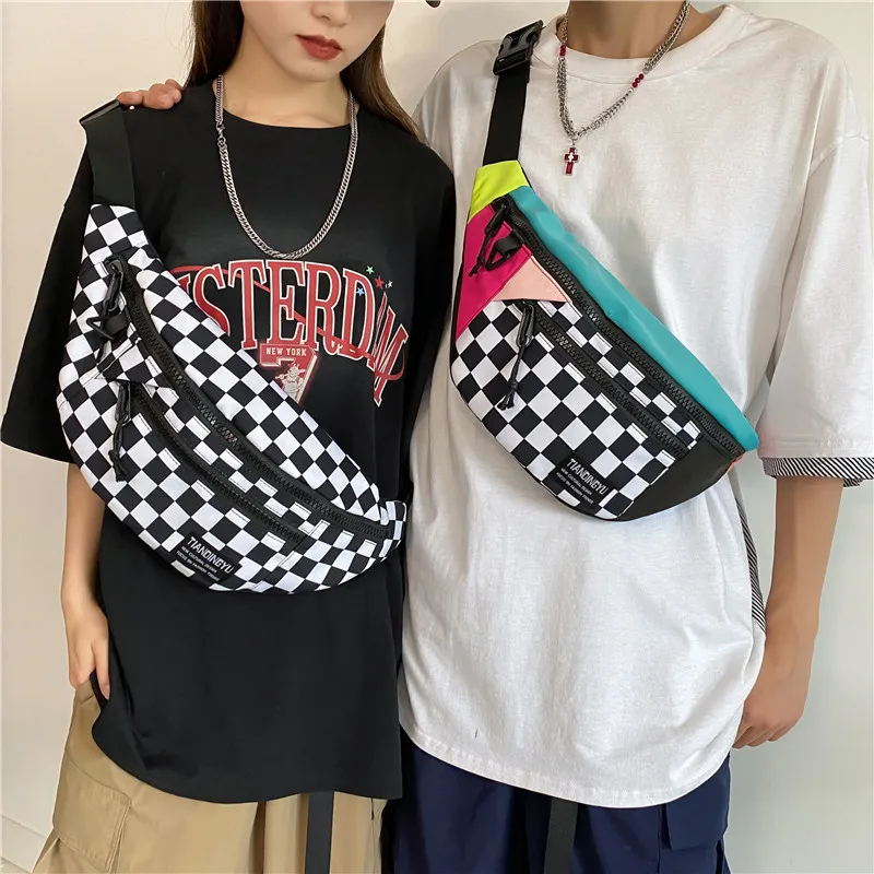 Checkerboard Patchwork Punk Hip Hop Crossbody Bag Men Women Outdoor Sport Casual Waist Bag Multifunction Phone Chest Bag