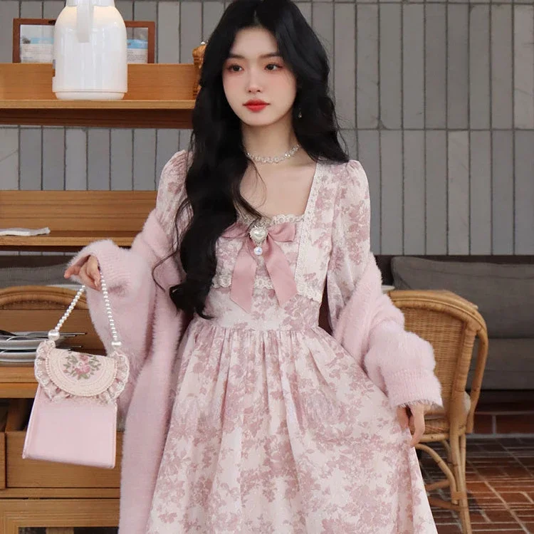 Robe rose élégante à manches longues pour femmes, nouvelle collection été 2021, col carré, avec nœud, Y2k, e-girl, taille haute, 2025