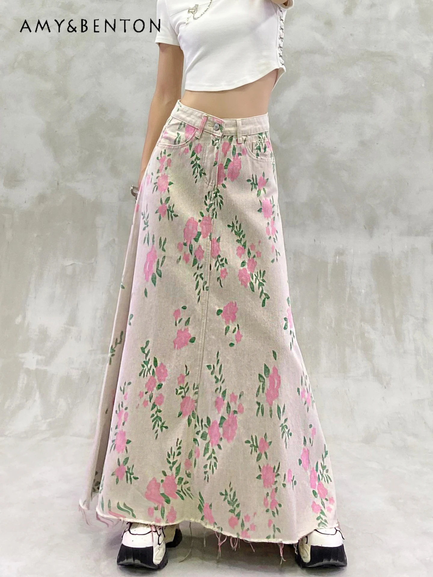 

2025 Summer New Women's Colorful Floral Washed Casual Denim Skirt High Waist Loose Slimming Versatile Mid-Length Skirt