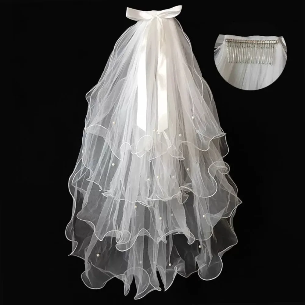 

Elegant Four-layer Bridal Veil Soft Tulle Pearl Bow Ribbon Wedding Veils White Curled Bride Head Gauze Bride Accessories