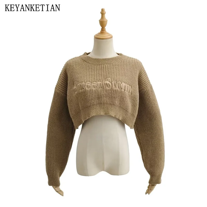 

KEYANKETIAN Winter New Women's Embroidery Letter Decoration Cropped Sweater Pullover American Retro Loose Knitwear Crop Top