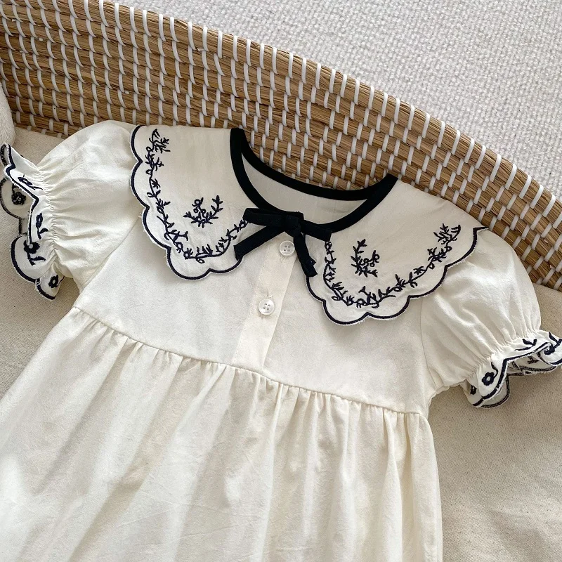 INS Summer Baby Girl Romper Short Sleeve Embroidery Flower Peter Pan Collar Bow Bodysuit Cotton One-Pieces Outfits Clothes 0-24M