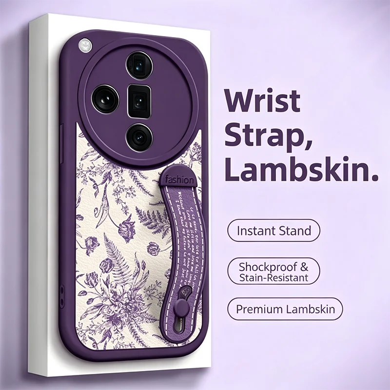 Soft Silicone Case for OPPOfindx7 X7Pro X3 X5 Findx6Pro Cover with Wristband Stand Flowers and Leaves Pattern Protective Cases