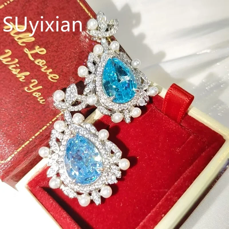 

925 Sterling Silver Fashion Ice Flower Cut Crystal Zircon Water Drop Pearl Pendant Necklace Birthday Party Anniversary Gift