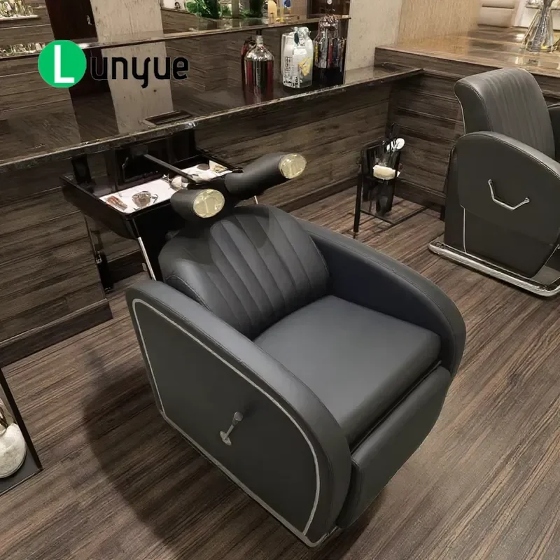 Modern Black Leather Shampoo Chair with Wooden Massage Base and Ceramic Bowl for Barbershop Hair Washing Station