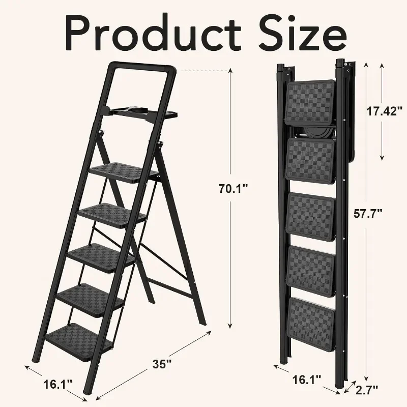 Step Ladder,5 Step Ladder Folding Step Stool with Tool Platform, Portable Sturdy Steel Ladder for Adults Home Outdoor Garage