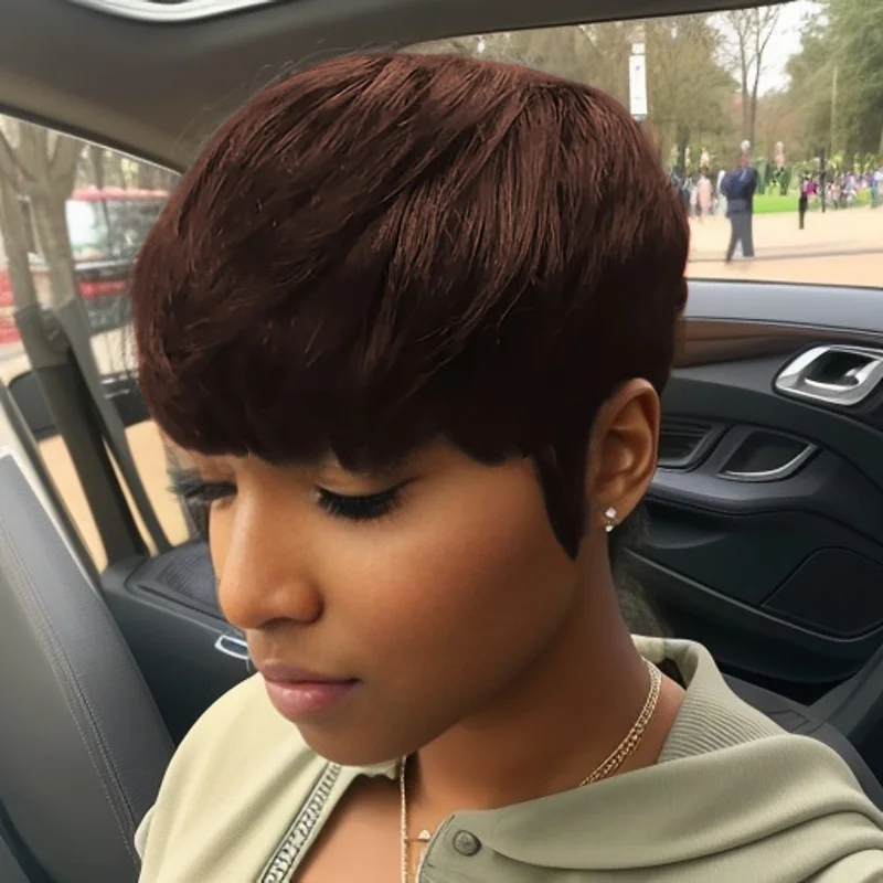 짧은 레이어드 픽시컷 인모 가발 앞머리 포함 멀티 컬러 풀 머신 메이드 가발 여름 일상용