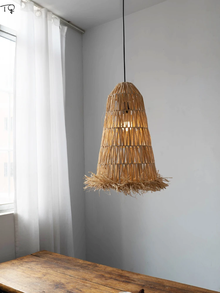 Japanese Design Wabi-Sabi Lafite Grass Rattan Weaving Pendant Lights LED E27 Zen Art Decorative Hanging Lamp Tea/Dining Room Bar