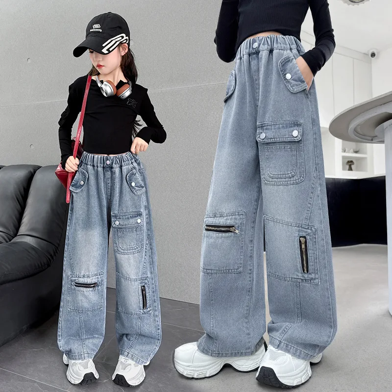 Kids Cargo Jeans With Pockets for Teenage Girls Korean Style Street Casual Denim Pants Child Vintage Jeans Trousers High Quality