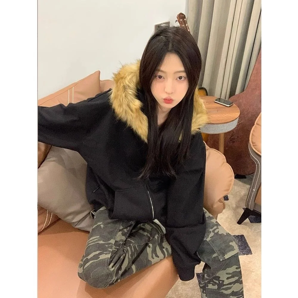 

Ретро-кардиган в американском стиле, свободный, простой, с капюшоном, на молнии, с меховым воротником, универсальный, для пар, в стиле Гонконга