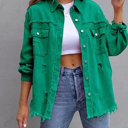 Women Ripped Denim Jacket Spring Casual Distressed Jean Long Sleeve Tops with Pockets Ladies Tassels Solid Coat Loose Outwear