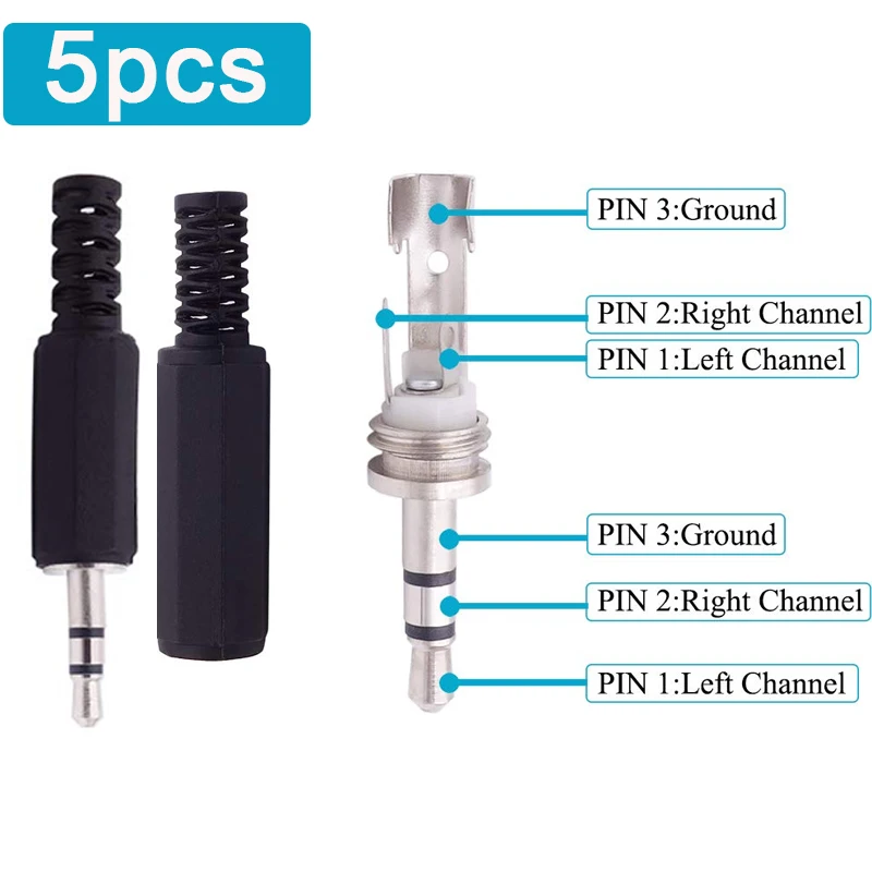5Pcs 3.5mm Headphone Connector Black Plastic Housing Audio Jack Plug
