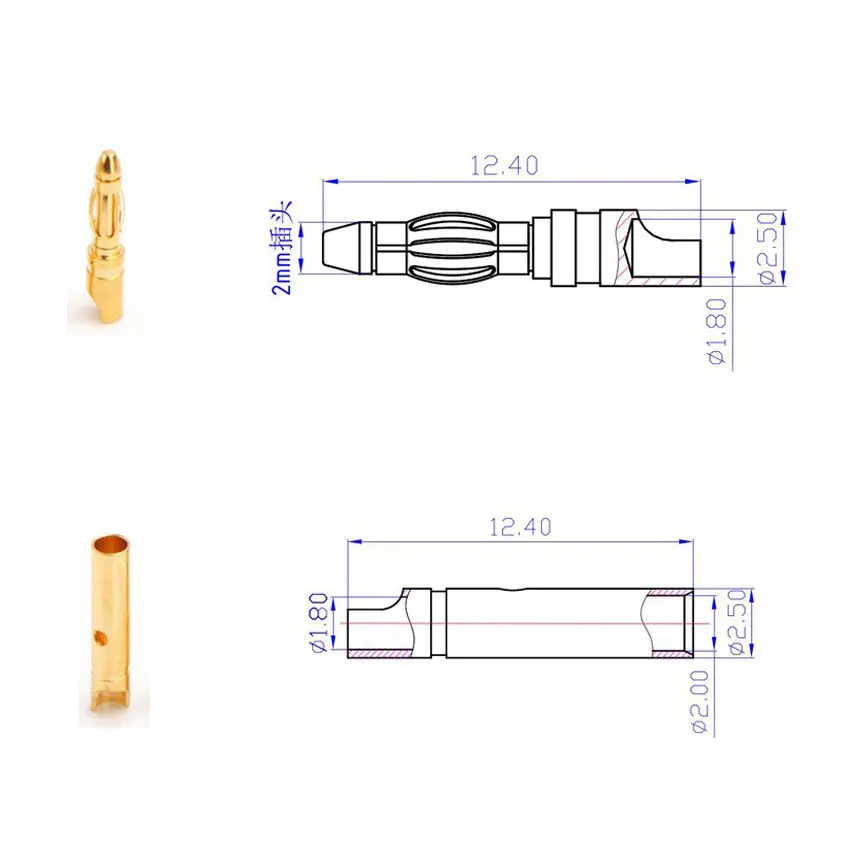 10x 2mm 3mm 3.5mm 4mm 5mm 5.5mm 6mm Bateria RC Pozłacana wtyczka bananowa Bullet Wysokiej jakości męskie żeńskie złącze bananowe Bullet