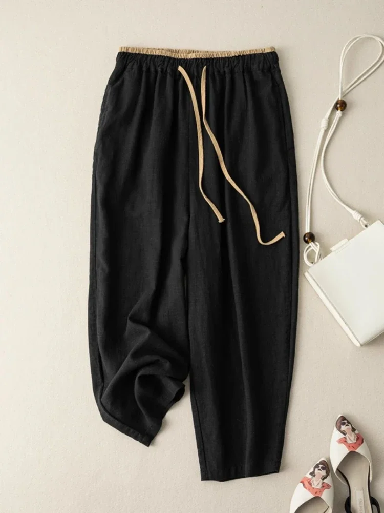 Summer Retro Cotton Linen Loose Harem Pants Elastic Drawstring Waist Casual Pants Basic Versatility Wide-leg Ankle-Length Pants