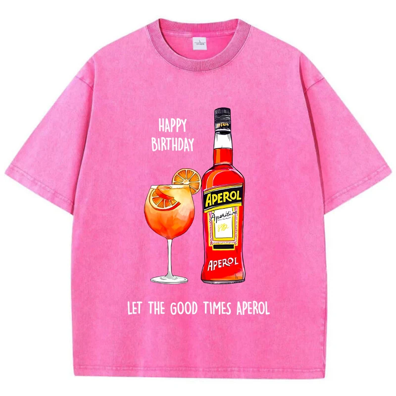 Casual Womans Acid Wash T-Shirts Aperol Spritz Prints Tops Distressed Crewneck Oversize Cotton Tee Shirts Trend Female Clothes