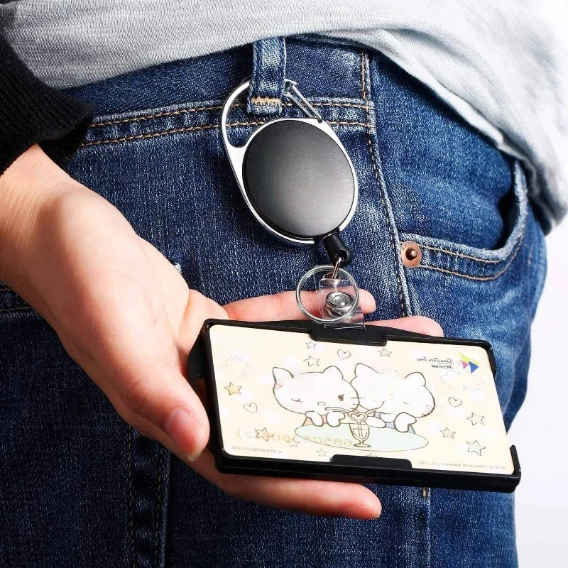 Black Horizontal Vertical Dual-use Card Holder Keychain Clip Set Badge Holder Plastic Working Permit Case Pass Card Sleeve