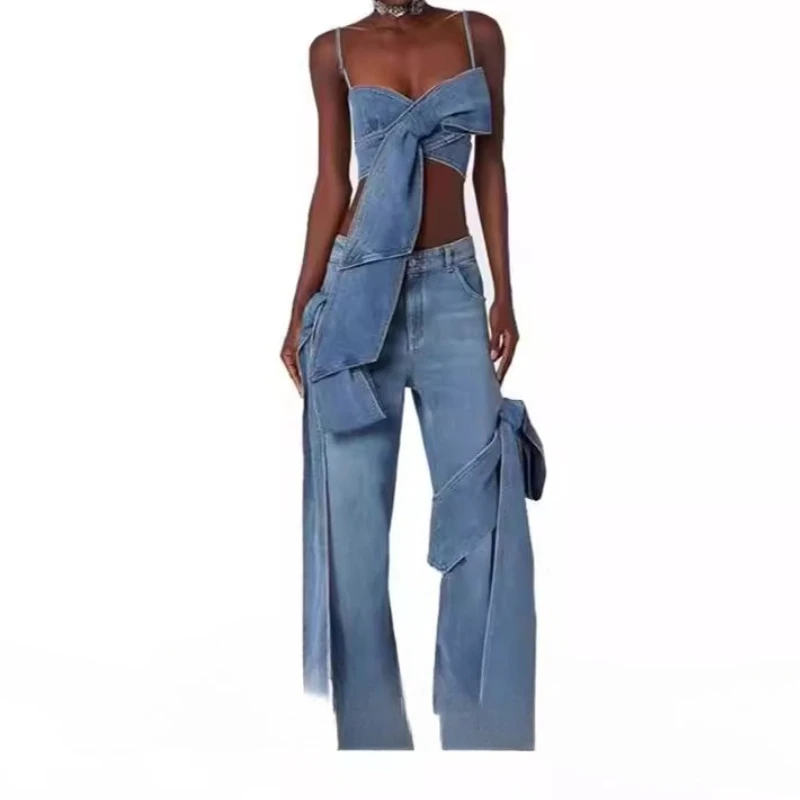 

New vintage babes personality three-dimensional bow bandeau vest knot straight leg distressed jeans set