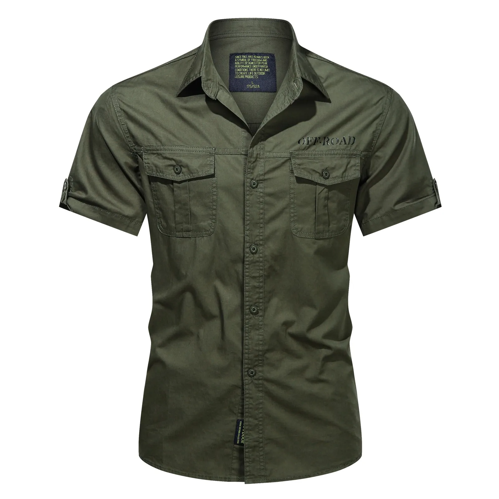 Chemise délavée monochrome à manches courtes pour hommes, chemise boutonnée, style militaire, extérieur, été