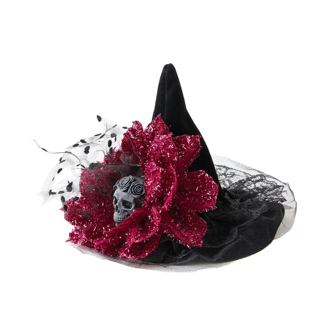 Retro Gothic Mini Witch Hat Hair Clip Skull Accent Glittery Red Flower Lace Trim For Halloween Cosplay Masquerade Party Costume - view 5